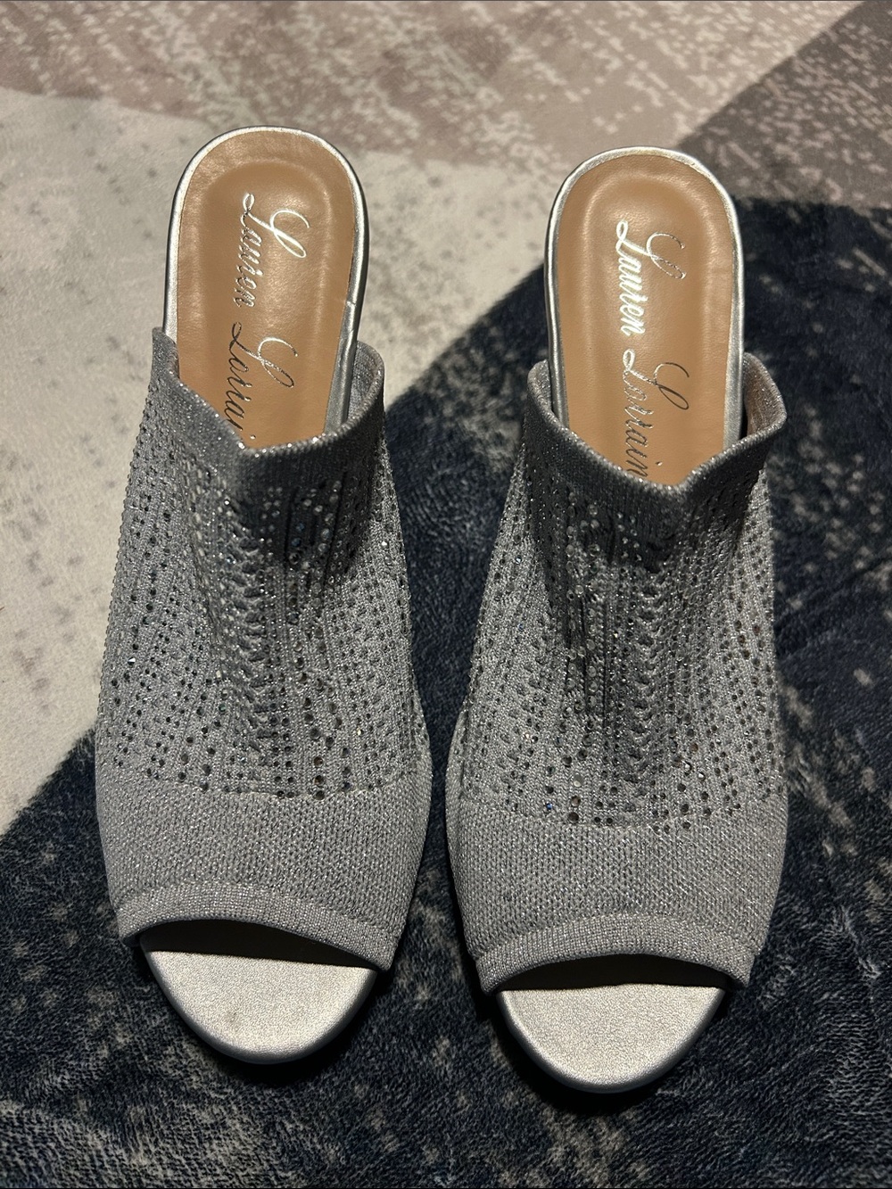 Lauren Lorraine Silver-Gray Open-Toe Knit Mule with Rhinestones